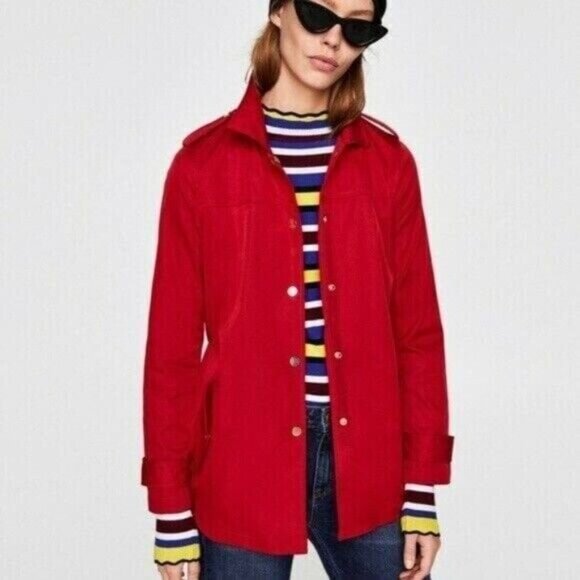 Zara Basic Red Zafari Jacket with Belt Size Medium Pre-owned - Picture 3 of 9